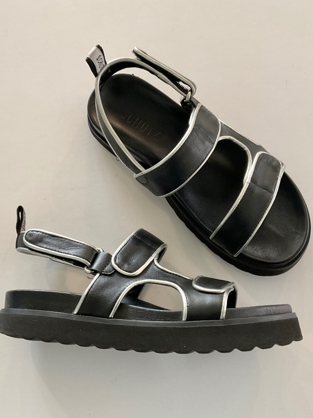 SCHUTZ Zaha Leather Grip-Strap Platform Black With Silver Trim Sandals Size 6.5